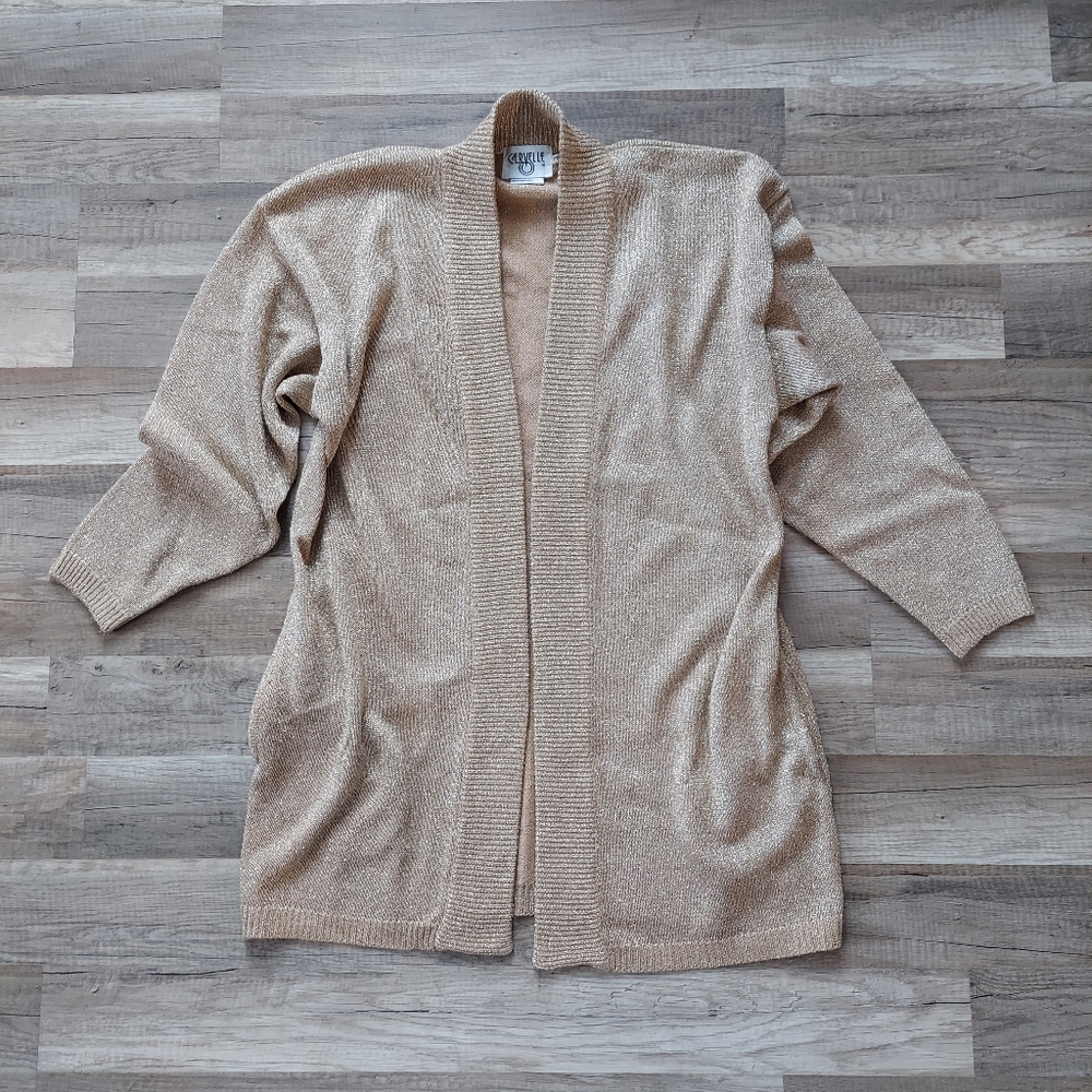 Vintage Gold Sparkly Open Front Sweater Cardigan Medium - Picture 2 of 11